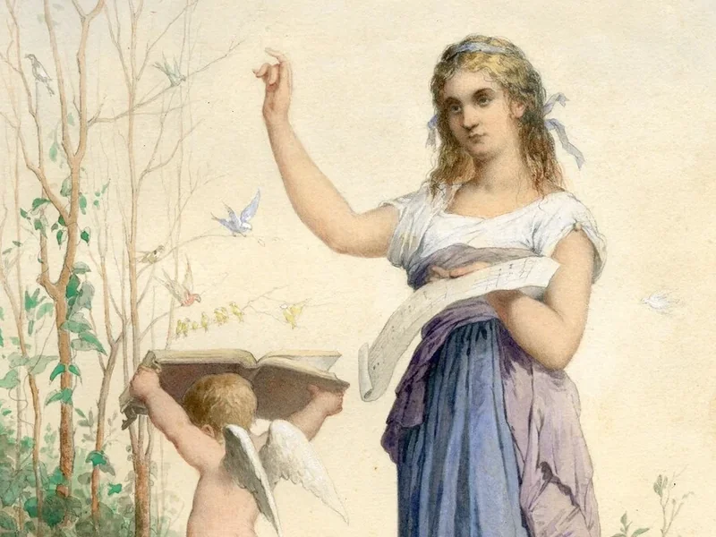 1822-Louis Chantal - La musica, donna con spartito dirige coro di uccelli, putto